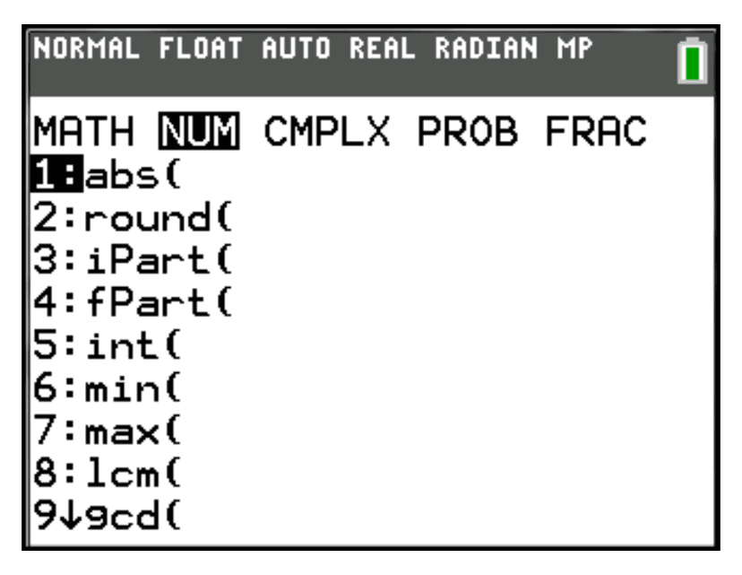 Menu navigation example showing MATH NUM CMPLX PROB FRAC options